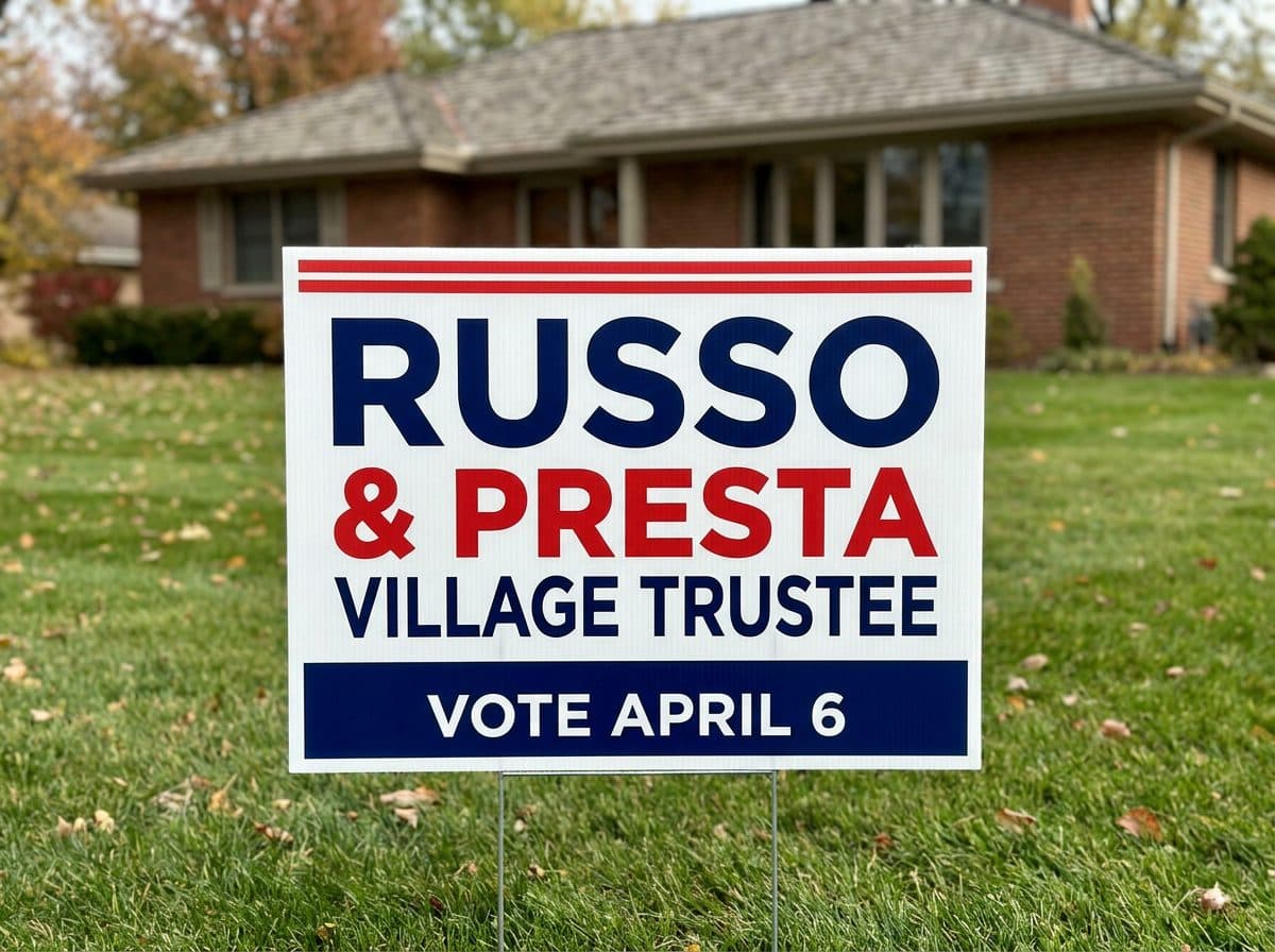 Russo and Presta yard sign on a front lawn